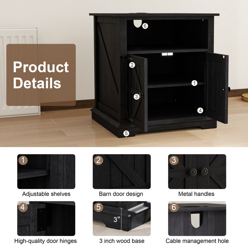 End Table With Charging Station, 24" Farmhouse Nightstand With Barn Door, Black