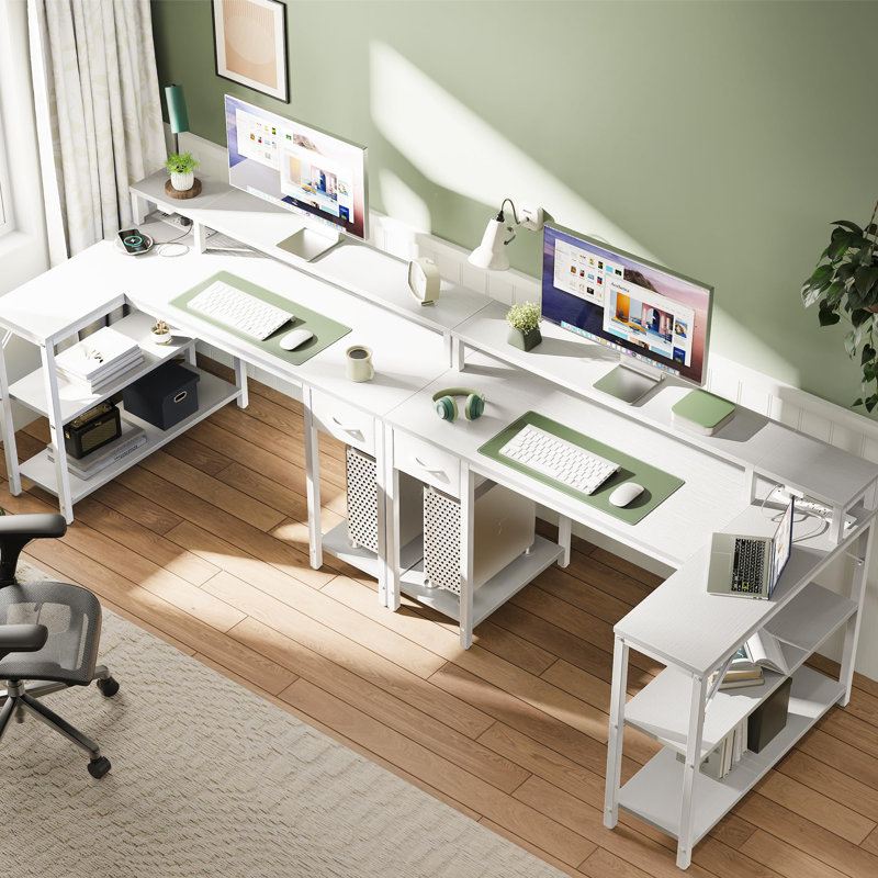 Reversible L Shaped Gaming Desk with Drawer, LED Lights & Power Outlets, Corner Computer Desk with Shelves & Monitor Stand