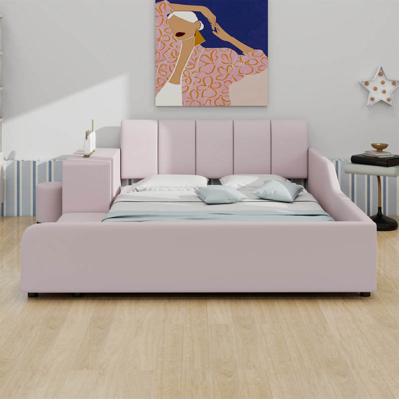 Upholstered Grounded Bed, Mother & Child Bed With Bedside Desk And Little Round Stool, Full, Pink