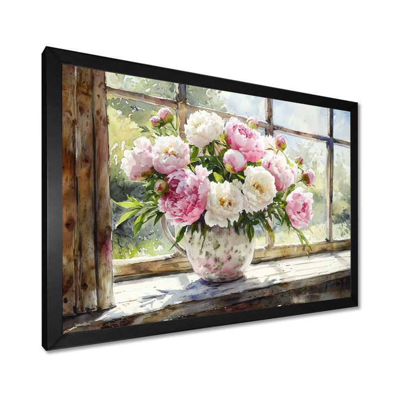 Art mural rustique avec pivoines II - pivoines, H 30 po x l 40 po, Cadre simple noir