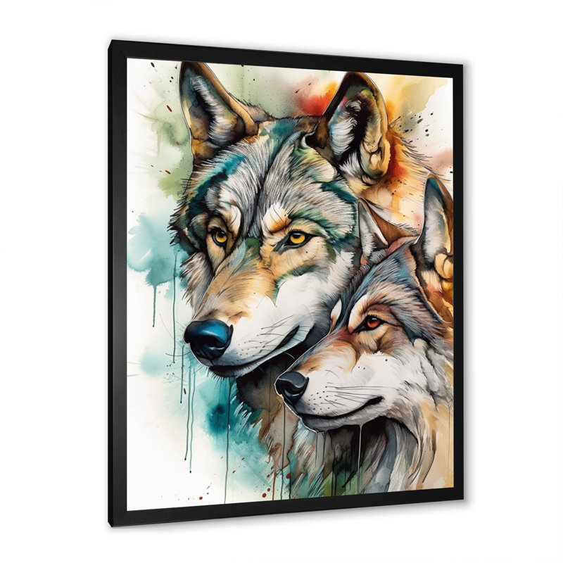 «Wolves Portrait Watercolor1», art mural grand loup, Cadre photo noir, H 32 po x l 24 po