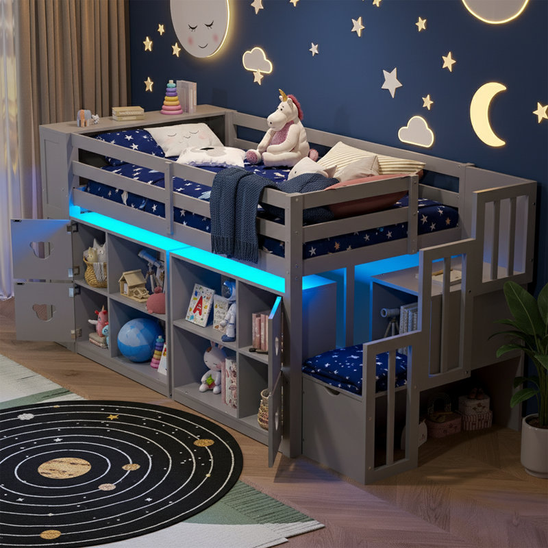  Lit mezzanine bas simple 44,5 po avec escalier de rangement - lit en bois naturel avec tête de lit à DEL et armoire intégrée - Lit pour enfant peu encombrant avec tiroirs - aucun sommier nécessaire