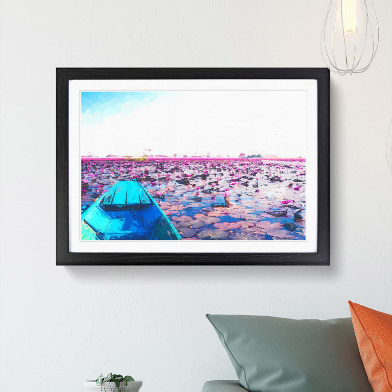Boat in the Red Lotus Sea in Thailand in Abstract - Picture Frame Photograph Print, 27cm H x 36cm W x 2cm D, Black Framed