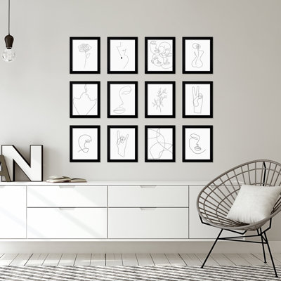Abstrait ligne encadrée sur papier 12 pièces, décoration murale