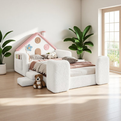 House Shaped Upholstered Floor bed, Upholstered Kids bed with Safety Side Rails, Solid Children Bed Frame, Low Floor Playhouse Bed for Nursery & Kids Bedroom.