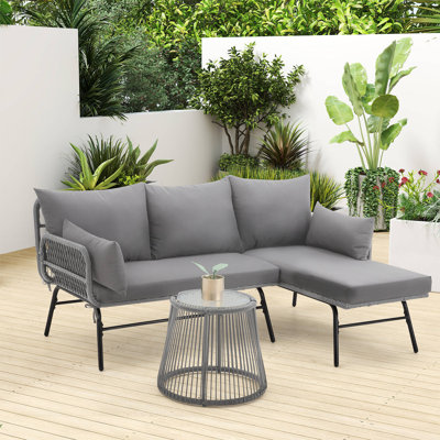 Ensemble modulaire de patio en L 3 pièces avec table en verre trempé, canapé d'extérieur pour le jardin et le balcon, gris