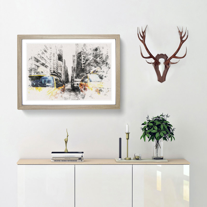 Two Yellow Taxi Cabs In New York Watercolour - Picture Frame Graphic Art, 33cm H x 45cm W x 2cm D, Oak