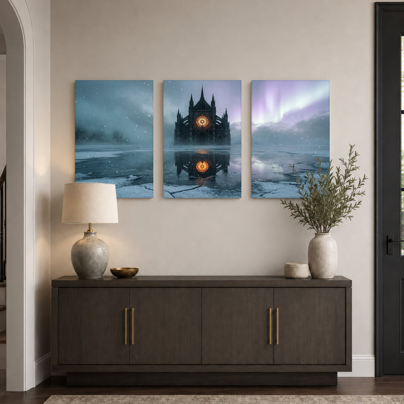 Cathédrale gothique reflétée dans la glace avec ensemble de 3 toiles d'Halloween, H 24 po x l 16 po x 3 pièces