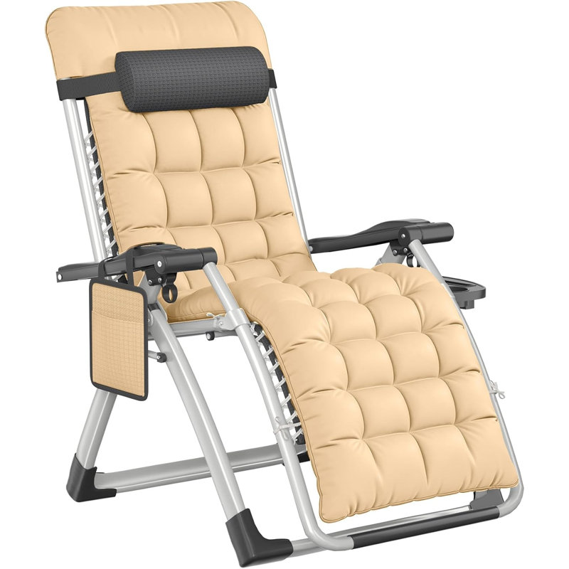 1 Pack Sun Loungers for Garden Heavy Duty Zero Gravity Chairs Padded Folding Deck Recliner 90-170° with Pillow, Cup Holder & Side Pocket Textilene Steel Frame 150kg Capacity