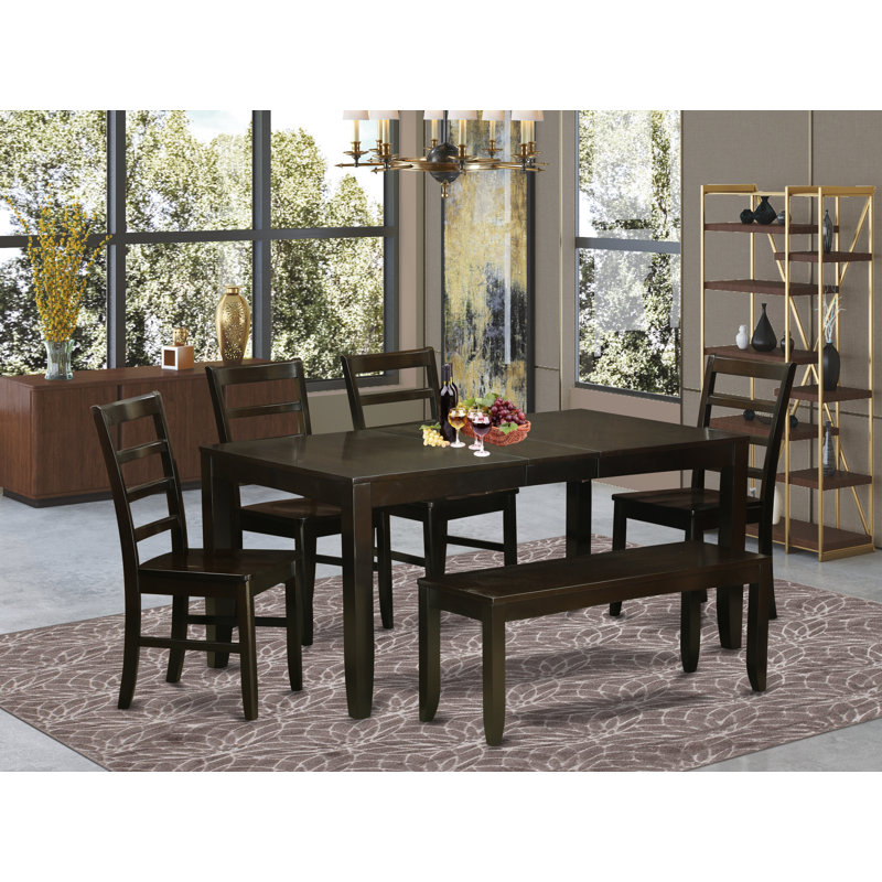 Ensemble de table de salle à manger 6 pièces moderne comprenant une table rectangulaire en bois avec feuille papillon et 4 chaises de salle à manger avec banc, 36 x 66 pouces, cappuccino
