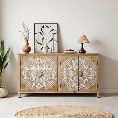 Armoire d'appoint en bois 60 po avec 4 portes, blanc antique et brun, 60 po, rangement polyvalent pour les maisons modernes
