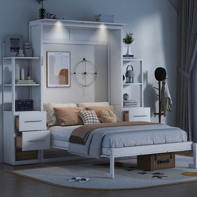 Full Size Murphy Bed With Shelves, Drawers, And LED Lights For Space-Saving And Multi-Functionality