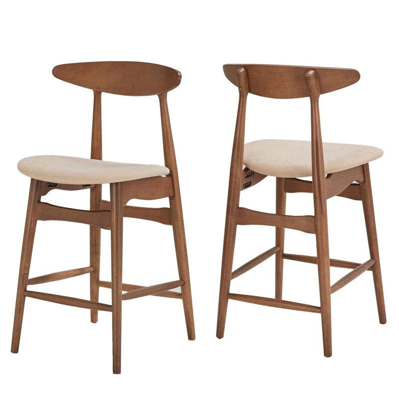 Upholstered Counter Stool, Beige Linen, Walnut