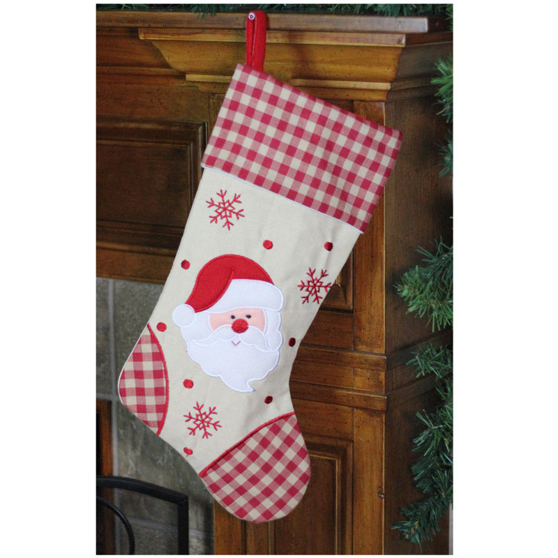 Ivory and Red Embroidered Santa Christmas Stocking with Gingham Cuff