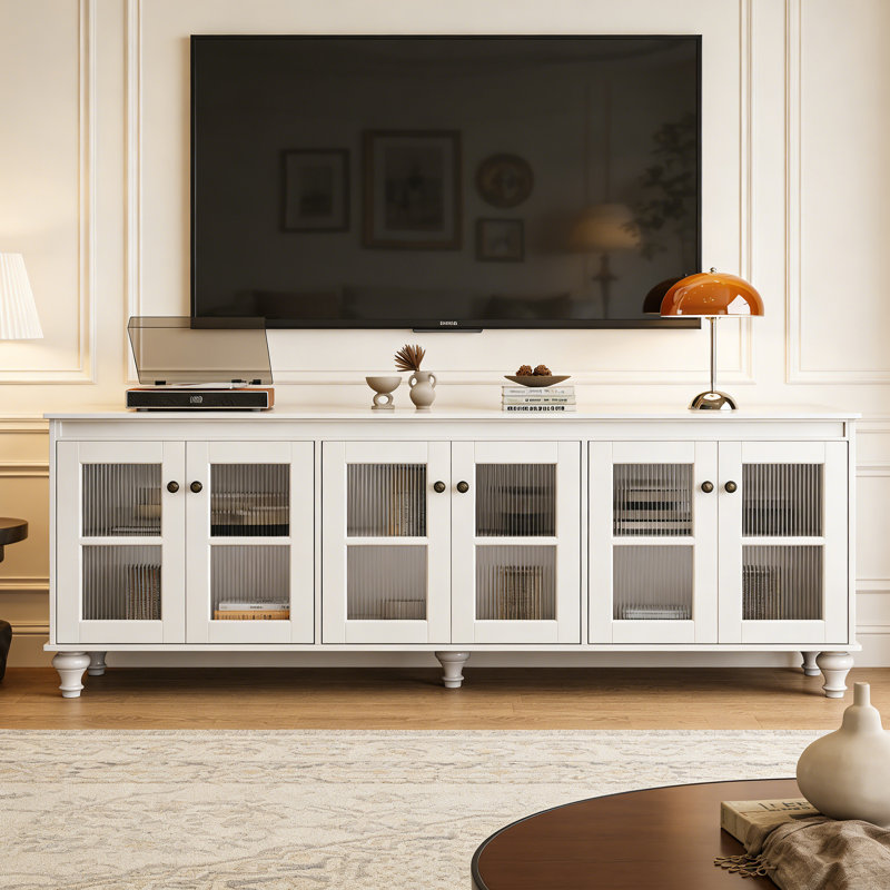 Meuble télé simple en verre rétro, H 28,34 po x L 94,48 po x l 15,74 po, Blanc