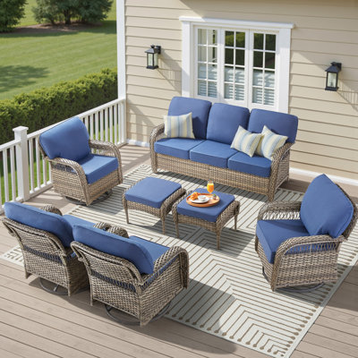 7-Piece Outdoor Patio Furniture Set – PE Wicker Sofa, 4 Swivel Rocker Chairs, 2 Ottomans, All-Weather Conversation Set With Cushions