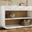 Console moderne incurvée avec 3 tiroirs à fermeture en douceur et 2 tablettes ouvertes, base en bois massif, table de vestibule pour vestibule, blanc
