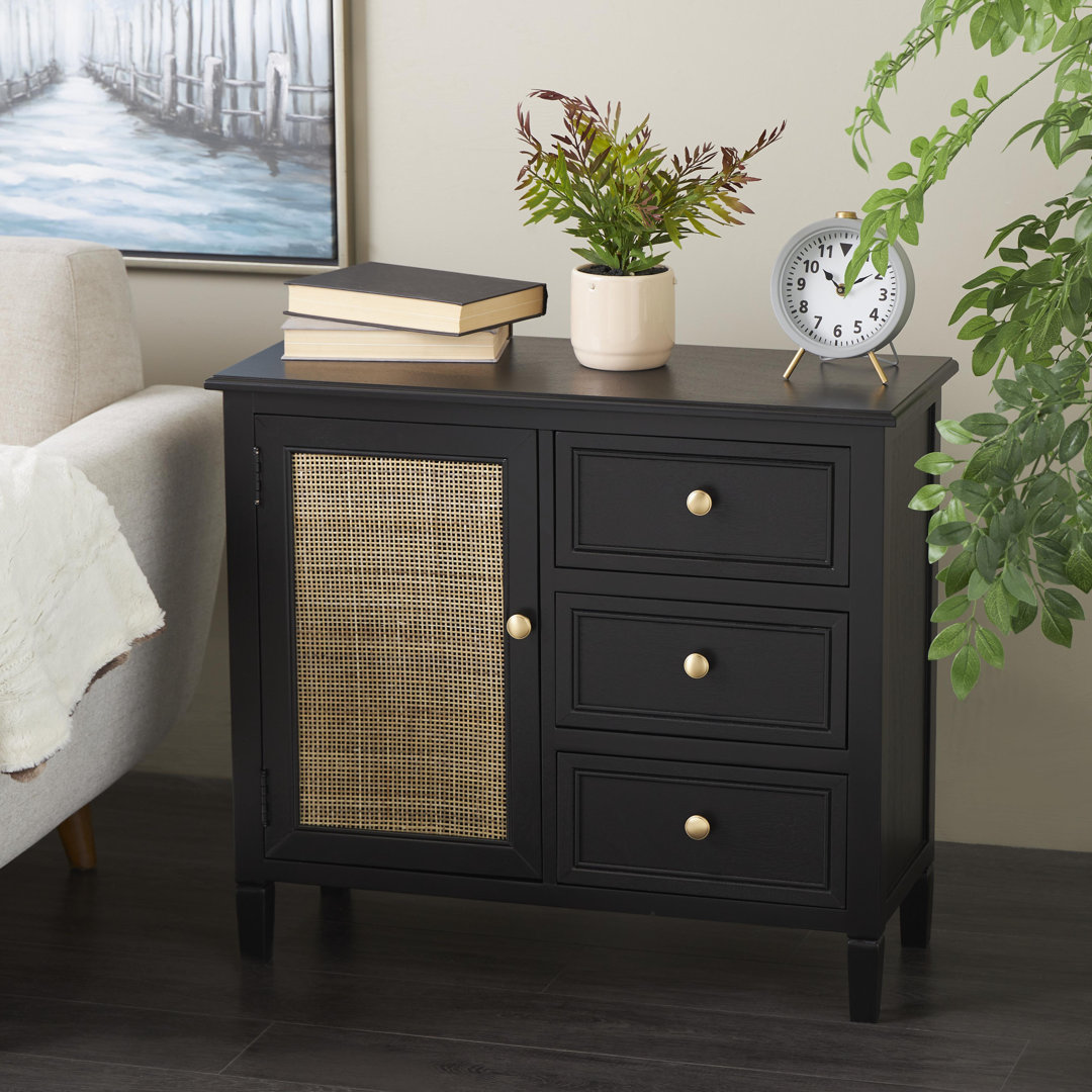 Anahit Wood Handmade 3 Drawers and 1 Door Black Cabinet with Rattan Front Bay Isle Home™