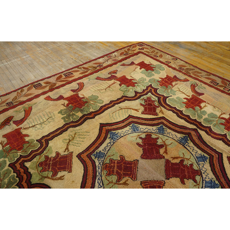 Square Shape Room Size Ivory Antique Chinese Rug Influenced Design Antique American Hooked Rug