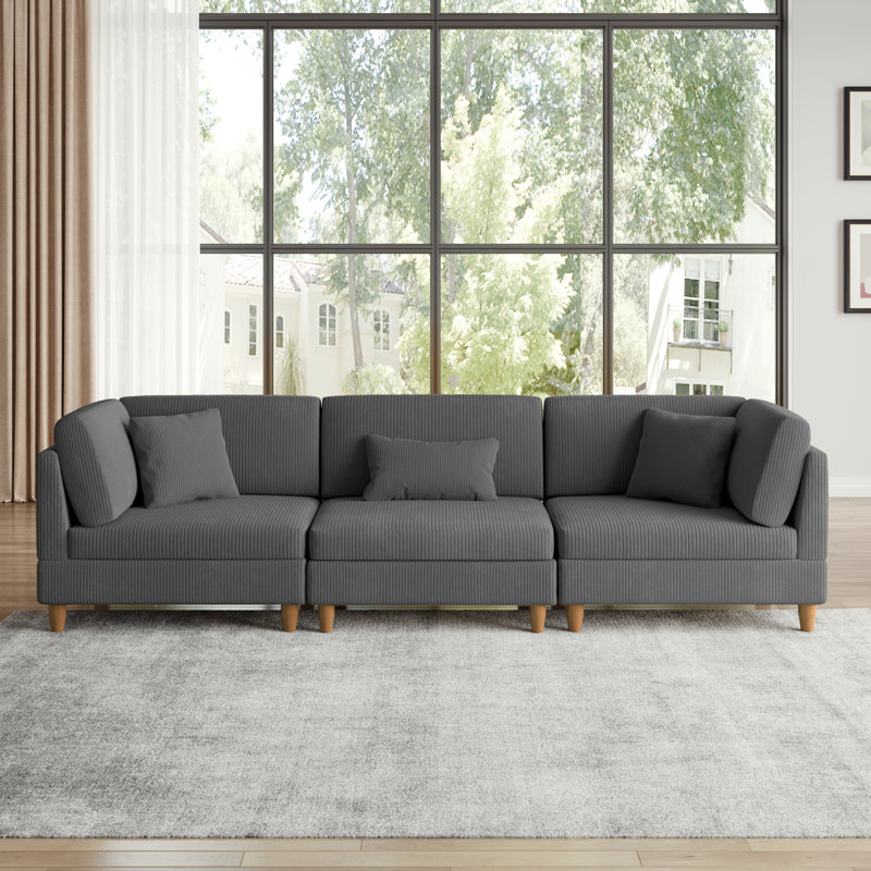Seemab 3 - Piece Upholstered Gray Corduroy Modular Sectional with Pillow Back and Solid Wood Legs, Gray