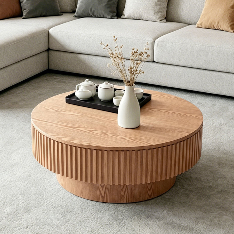 Table basse ronde en MDF avec rangement, Chêne, H 13,78 po x L 39,37 po x l 39,37 po