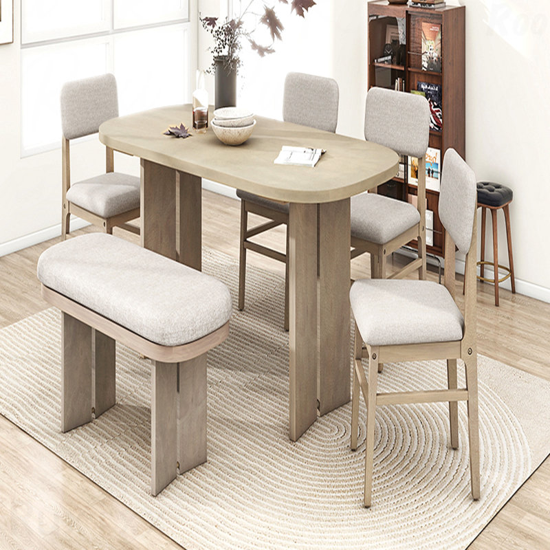 Ensemble de table de salle à manger en bois massif avec banc - Ensemble de table de salle à manger rembourré 6 pièces avec banc, mobilier de cuisine de ferme moderne bicolore pour les réunions de famille