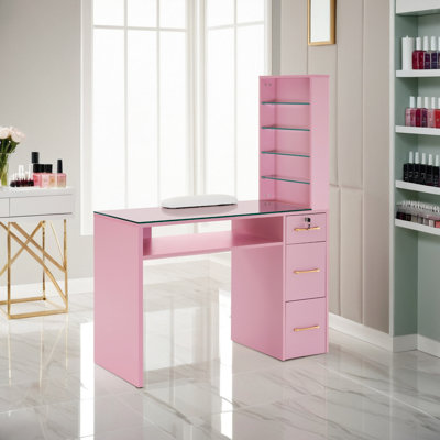 Classic Nail Desk with Glass Table Top, Glass Shelves and Lockable Drawer, Vanity Makeup Desk