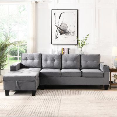 Canapé modulaire en velours gris en forme de L avec méridienne de rangement et porte-gobelets, coussins en mousse épaisse, pieds en plastique, capacité de charge de 600 lb dans le revêtement gauche, mousse, poids maximal