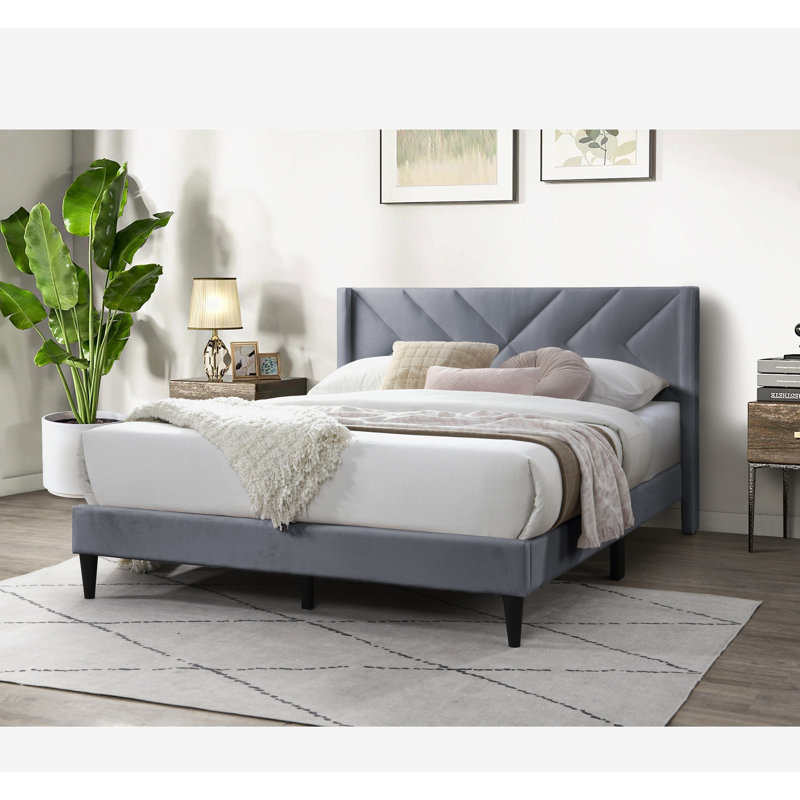 Velvet Upholstered Queen Size Bed, Gray