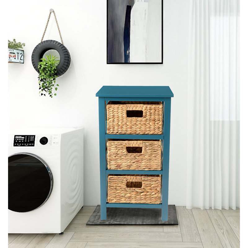 Table de bout en X à 3 tiroirs en bois avec paniers en osier Altenpohl pour lit, salon et sarcelle, Bleu sarcelle