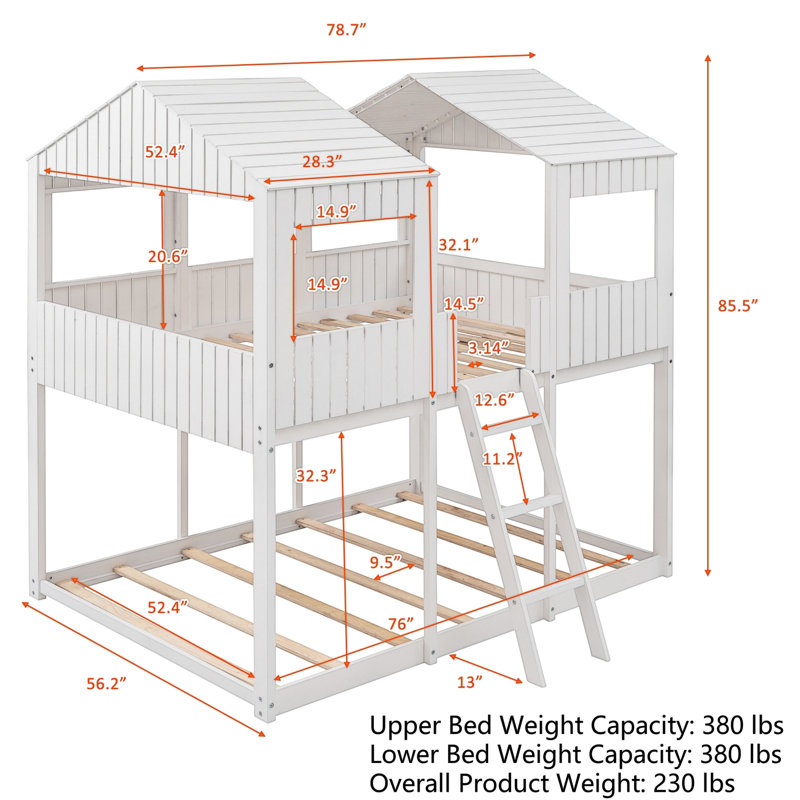 Full Over Full House Bunk Bed, White