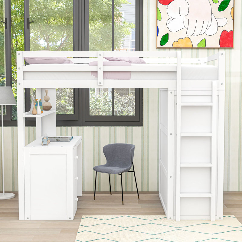 Lit mezzanine simple pour enfants avec garde-robe et bureau intégré, Blanc, Twin