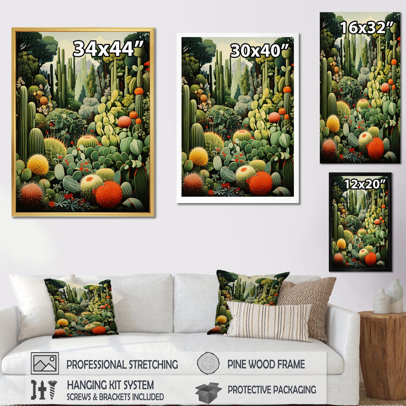 Cactus olive oasis sur toile, H 32 po x l 16 po x P 1 po, Cadre doré simple