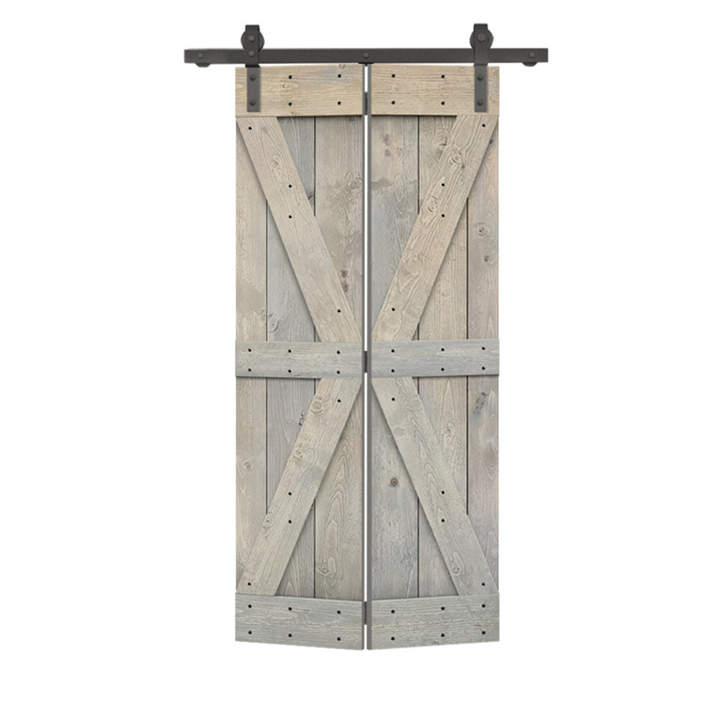Porte de grange pliante en bois de pin avec quincaillerie coulissante, Smoke Grey, 30 po x 84 po