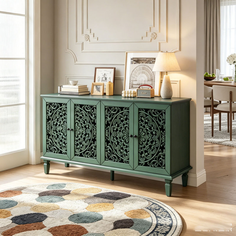 Buffet 60 "avec pieds en bois massif et poignées en laiton antique et tablettes réglables, Vert antique