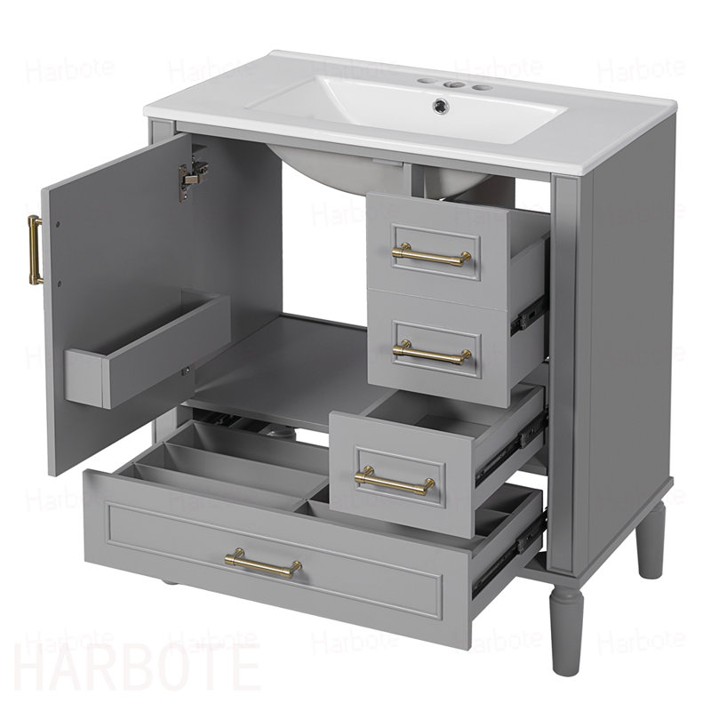Meuble-lavabo de salle de bain avec lavabo en céramique, porte à fermeture en douceur avec tablette intégrée, tiroir profond, tiroir standard, grand tiroir diviseur, grande armoire de rangement