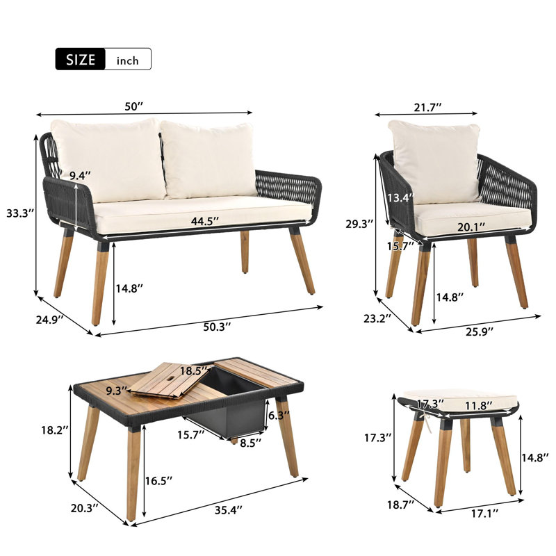 Ensemble de meubles de patio en corde 6 pièces avec table basse en bois d'acacia et seau à glace