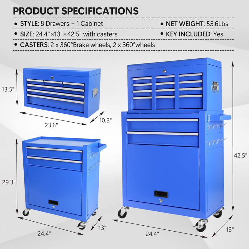 8-Drawer Rolling Tool Chest with Wheels, Large Tool Cabinet with Drawers, Blue