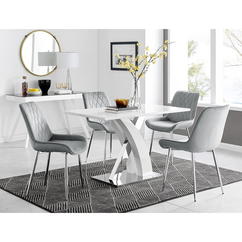 Edzard Chrome & White High Gloss Dining Table Set with 4 Luxury Velvet Dining Chairs, Gray/Silver