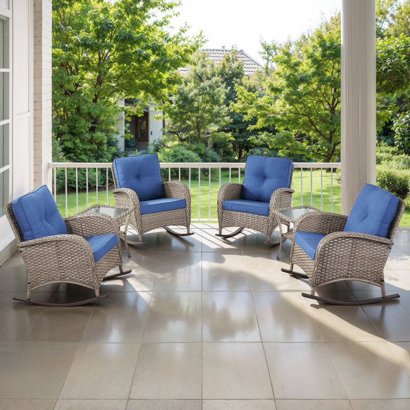 Ensemble de chaises berçantes d'extérieur en osier toutes saisons avec table d'appoint (ensemble de 4), Bleu, Gris