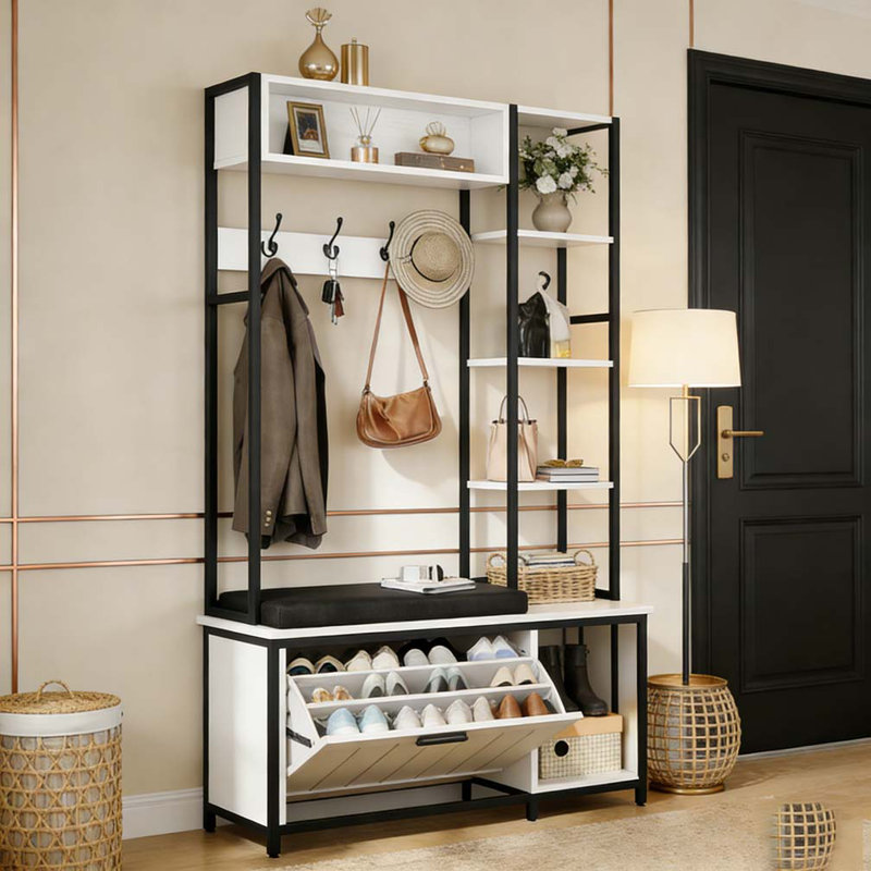 Hall Tree Coat Rack, Hall Tree With Bench and Shoe Storage, White+Black