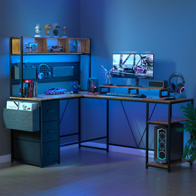Bureau à domicile l 67 po avec prise, bureau d'ordinateur à DEL, bureau en L avec tiroirs