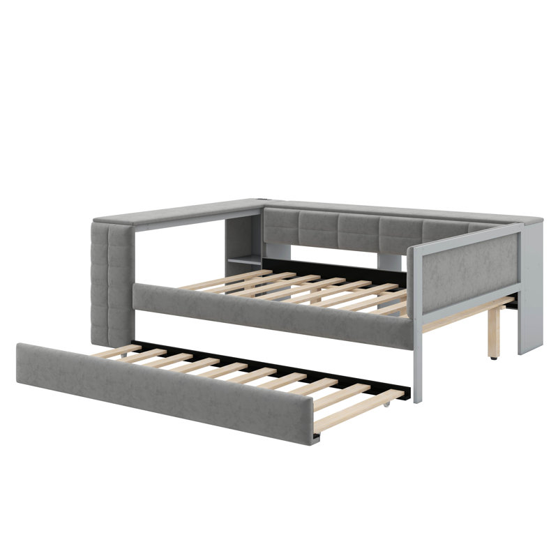 Lit plateforme tapissier pleine grandeur avec tablettes, bureau, station de charge et lit gigogne, Gris