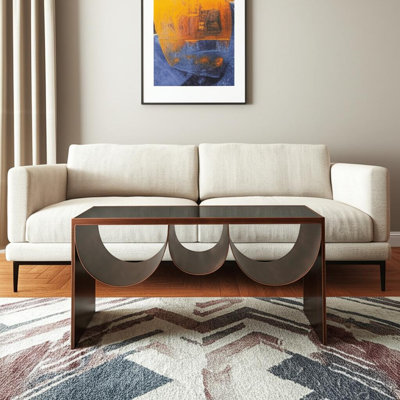 Table basse 32 po en verre miroir et acier massif noir et cuivre - plateau en verre moderne
