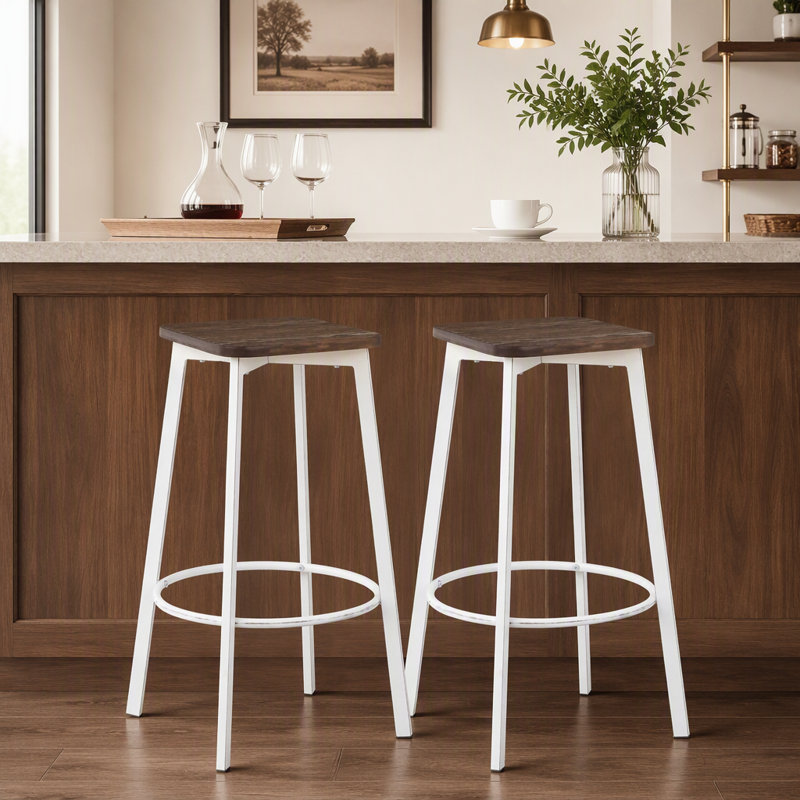 Tabouret de bar carré en métal blanc rétro et bambou grain de bois pressé espresso - ensemble de 2