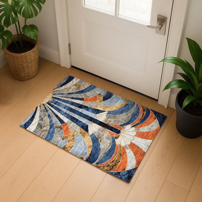Premium Machine Washable Mayfield geometric Rug, 1'8" x 2'6", Navy