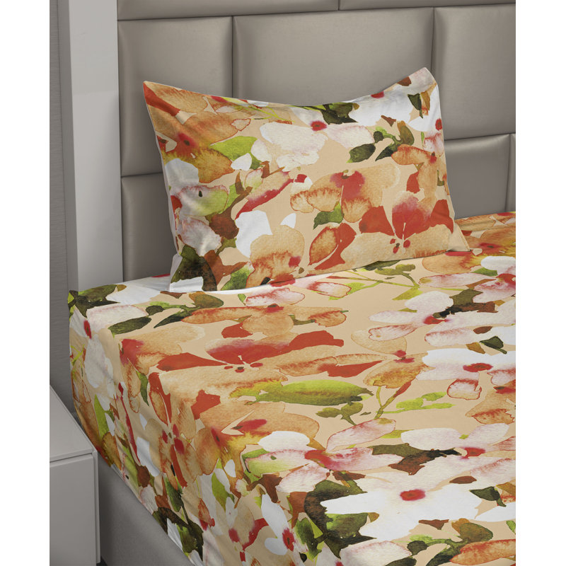 Ambesonne Watercolor Botany Sheet Set 4 Pcs Retro Boho Bloom, Vermilion Pistachio Green Floral