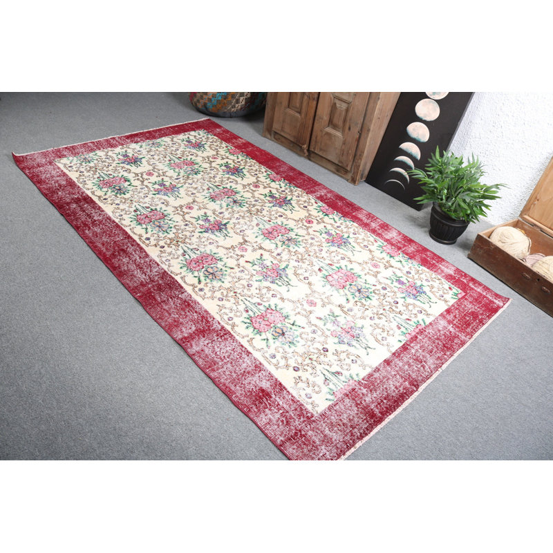 Tapis kurde rétro en laine beige avec un magnifique motif floral Oushak pour le salon