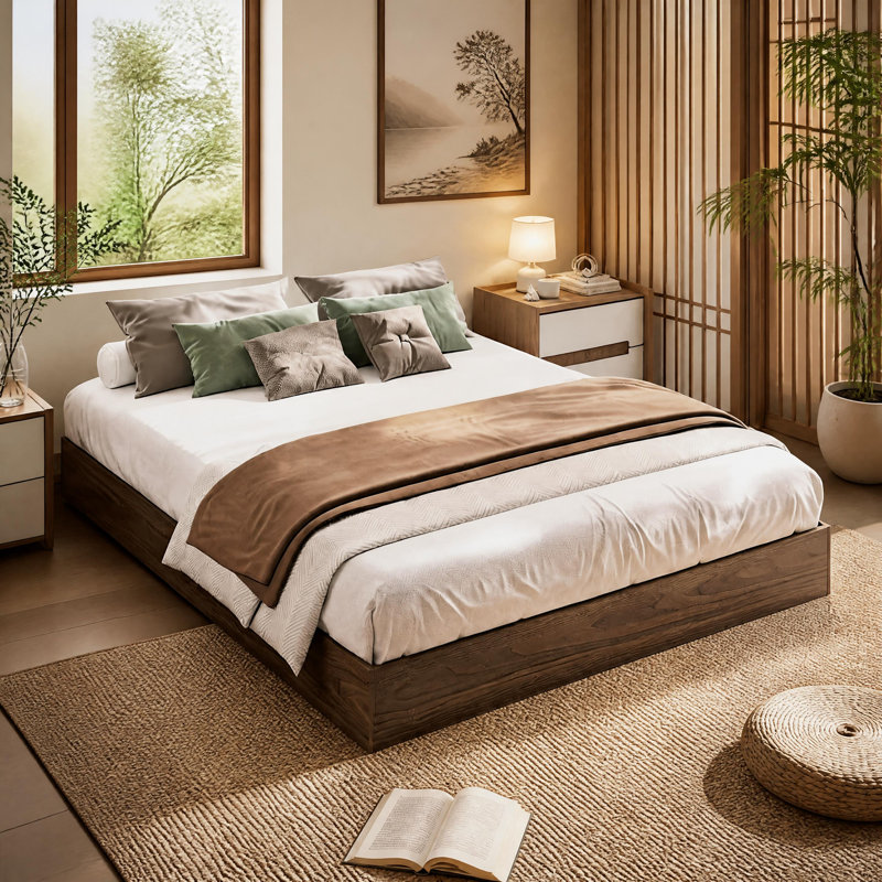 Wood Platform Bed w/ Sturdy Wooden Slats, Floor-Standing Bed Frame, Modern Minimalist Design Space-Saving Bed Frame, No Box Spring Needed