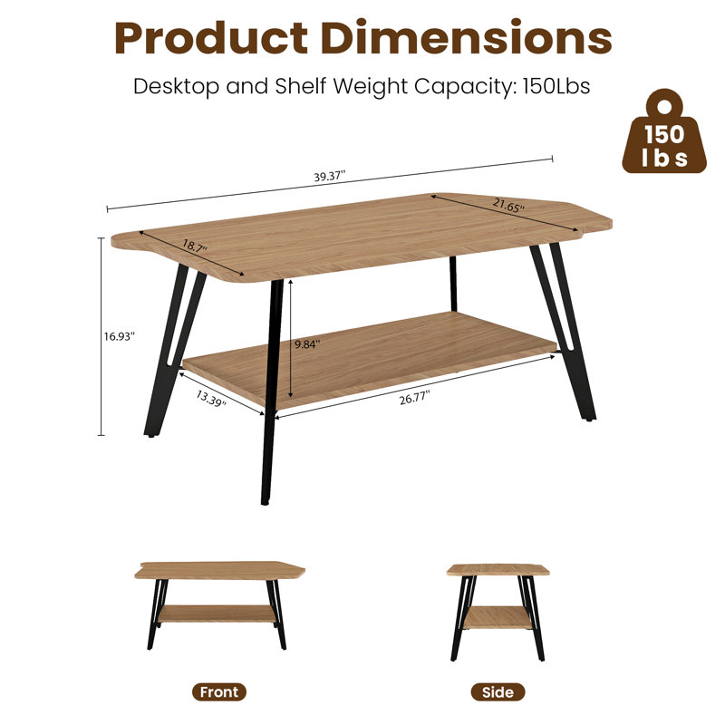 Table basse de 39,4 po avec tablettes de rangement à 2 niveaux et pieds en fer massif pour le salon, la chambre à coucher et le bureau